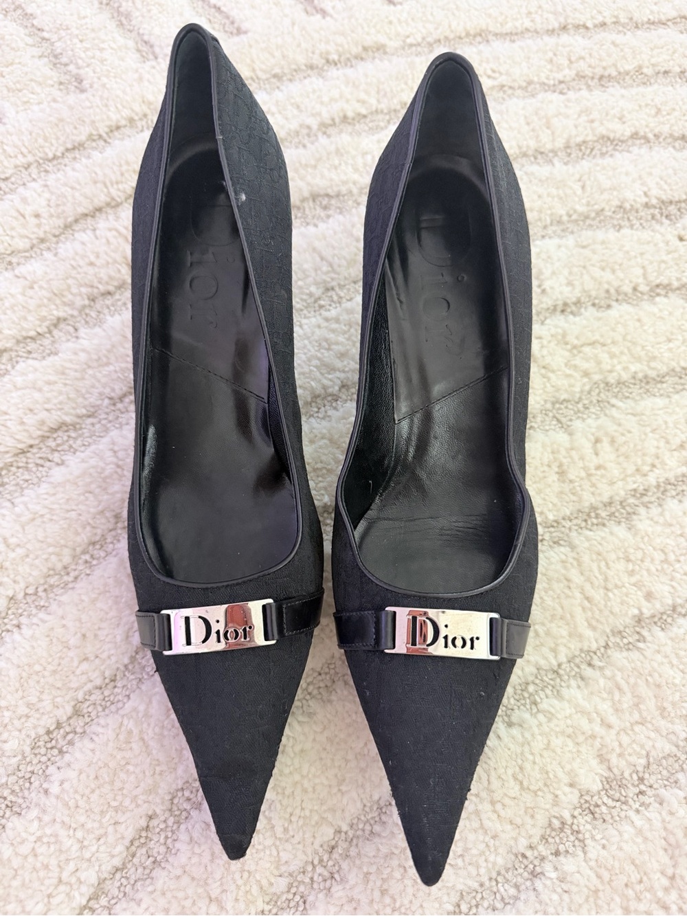 Dior Black Pointed Toe Pumps with Silver Logo Plaque
